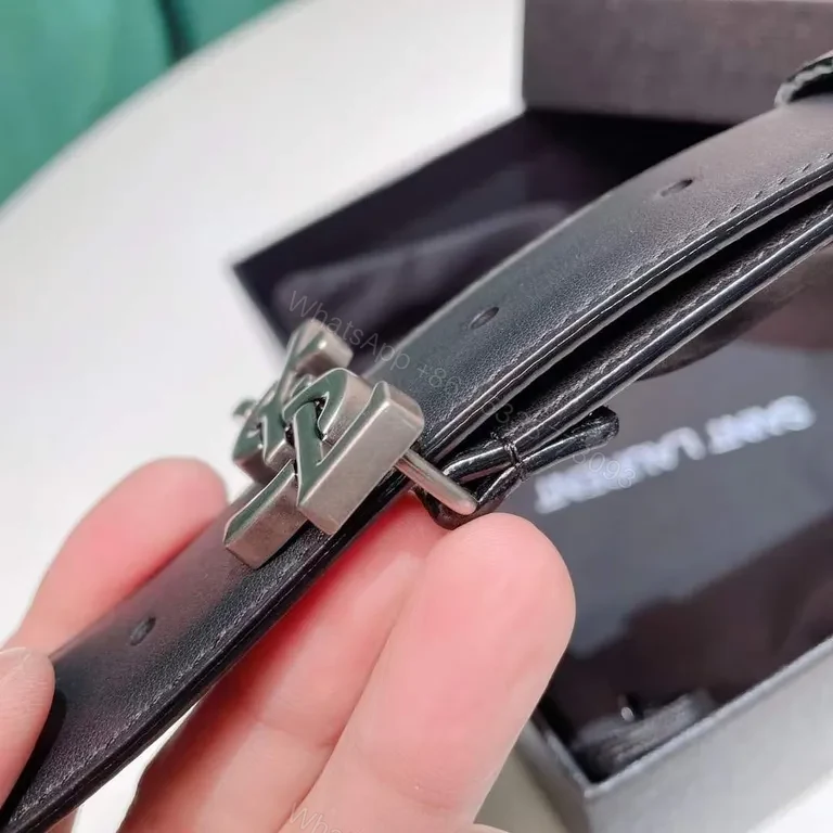 View 6 of Bold Black Leather Belt with Signature YSL Buckle