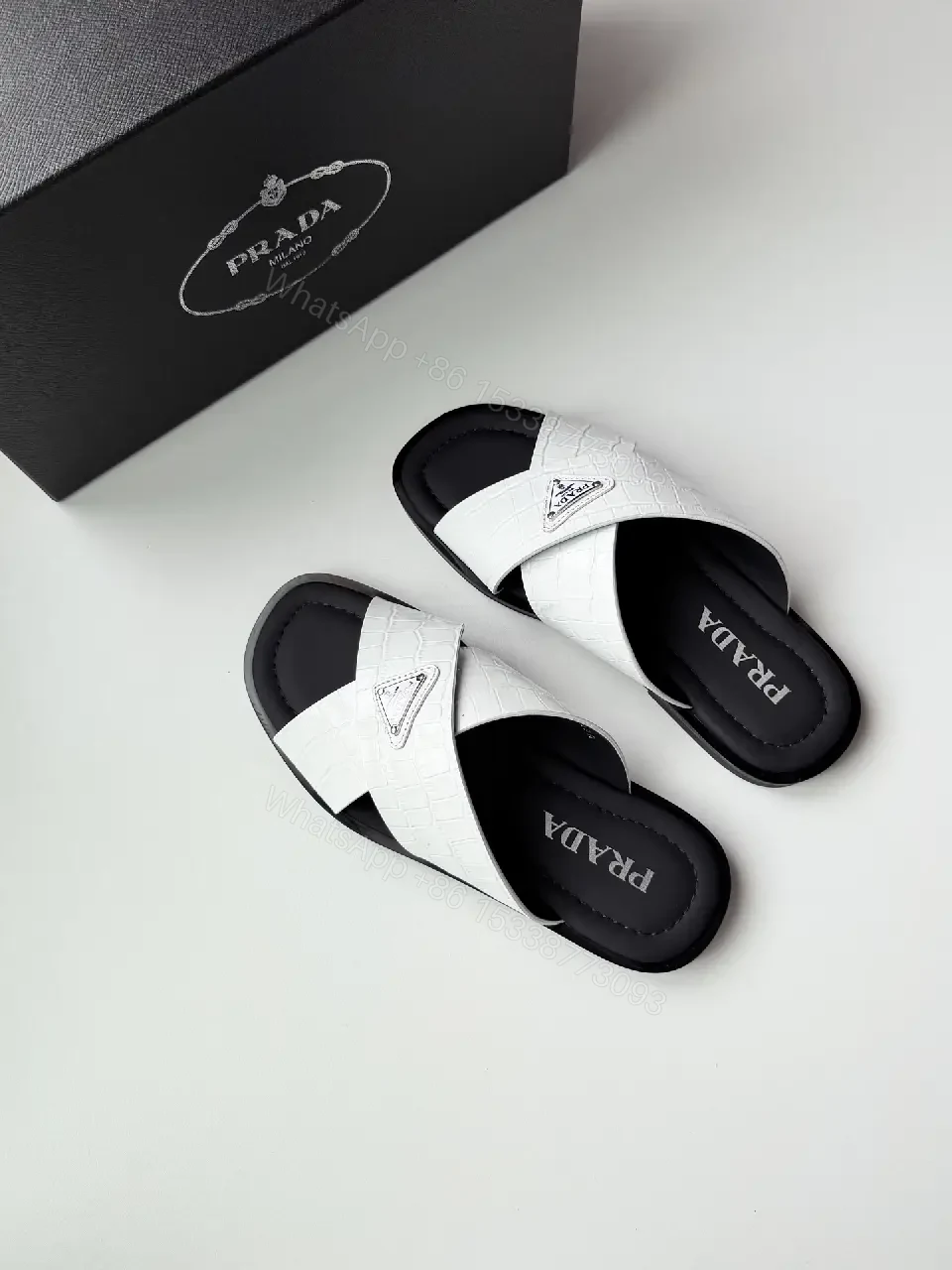View 5 of White Crocodile-Texture Prada Slides Classic Casual Sandals