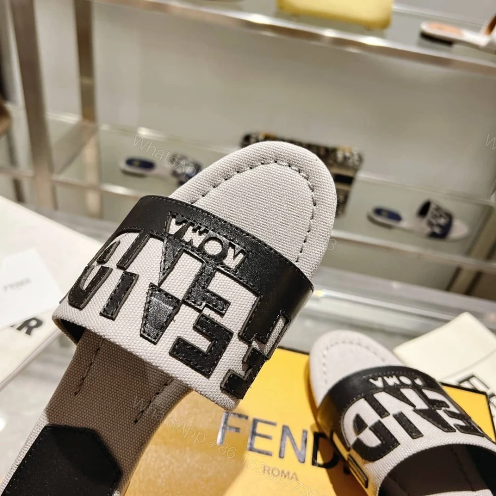 View 3 of FENDI LOGO BICOLOR FLAT SANDALS WHITE