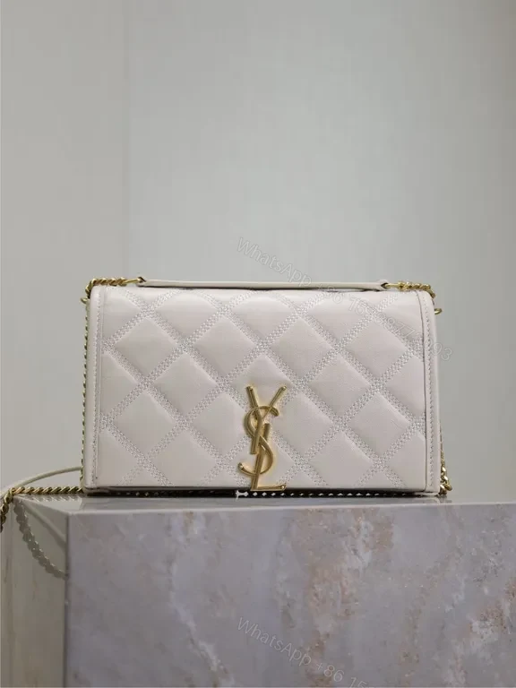 White Quilt Leather Crossbody Bag with Gold YSL Logo — view 1