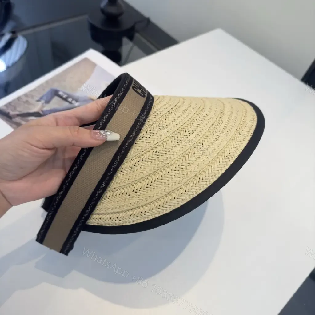 View 3 of Beige Braided Straw Visor Hat with Black Trim and Band