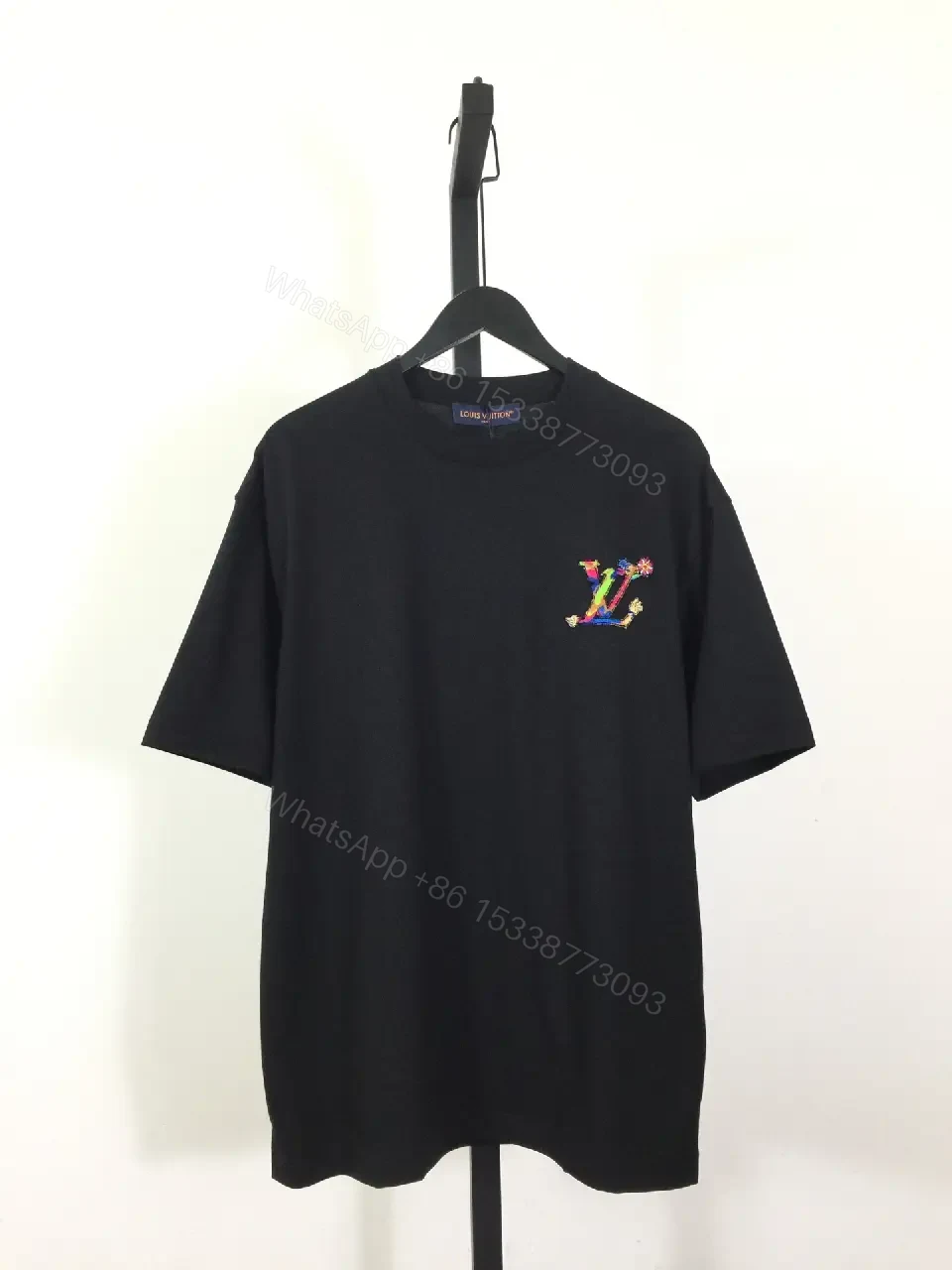 View 8 of Black Cotton Crew-Neck Tee with Multicolor LV Embroidery