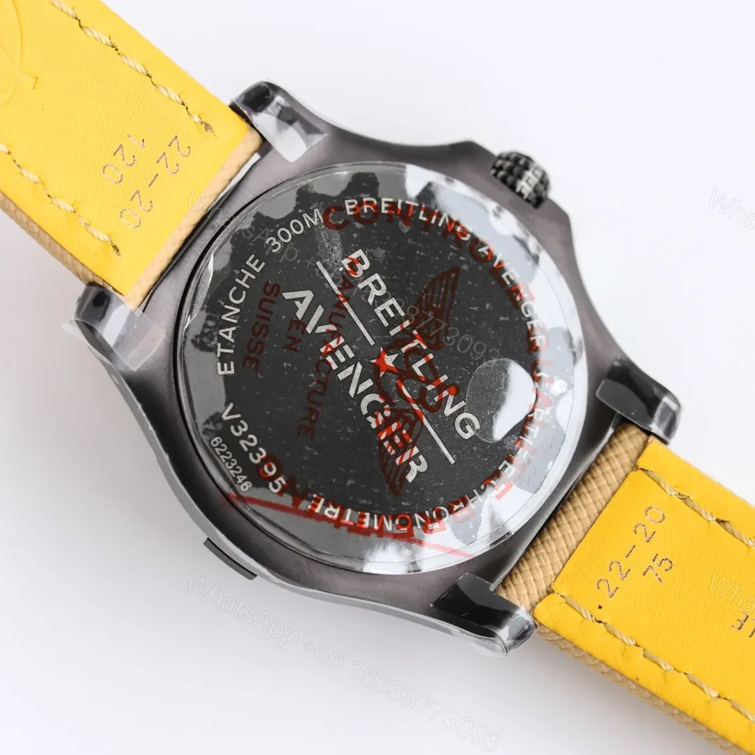 View 8 of V9 Factory Breitling Avenger Automatic GMT 45 Night Mission Watch – Black DLC Titanium Case, Beige Leather Strap, Super-LumiNova Arabic Numerals