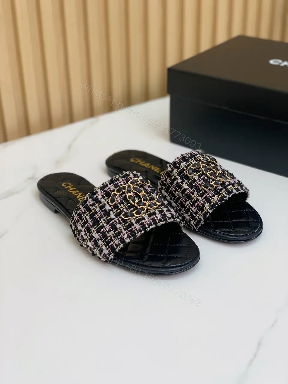 View 10 of Black Tweed Chain Slides Quilted Leather Modern Chanel Logo Sandals