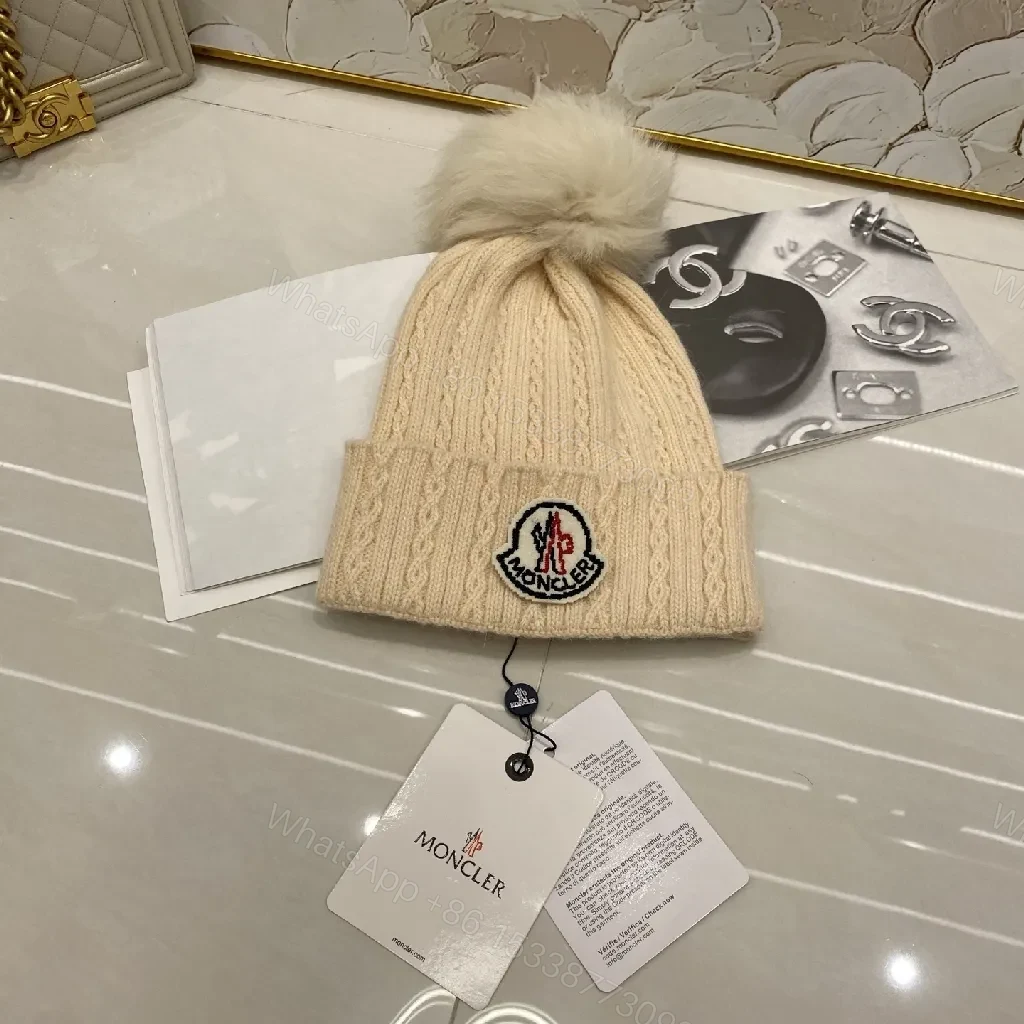 View 5 of Neutral Knit Beanie with Plush Pom and Luxe Patch