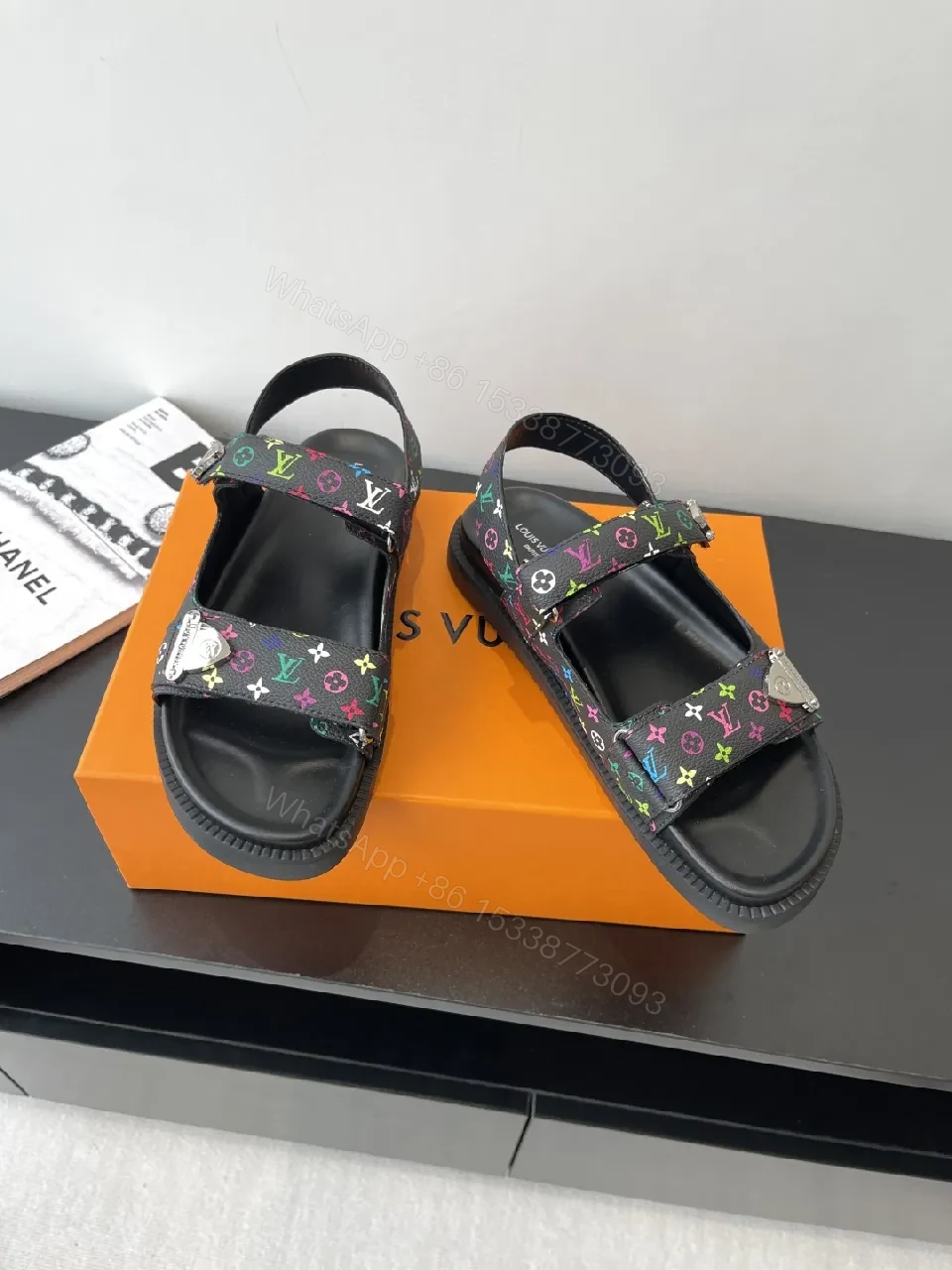 View 7 of Bold Patterned Strap Sandals with Rainbow Monogram Logo