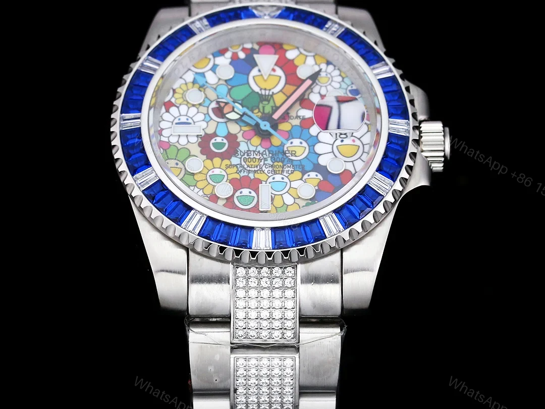 View 2 of Rolex Submariner Colorful Blue Bezel Replica 42MM Premium Pavé Oyster Bracelet RG-ROLEX-SUB-COLORFUL-BLUE-42