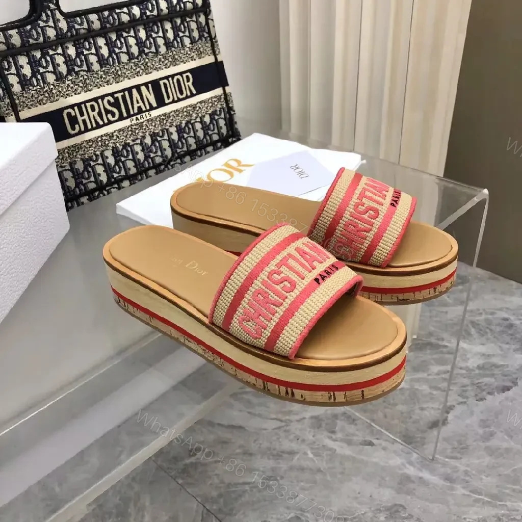 View 9 of Red-Tone Canvas Slide Sandals with Striped Band, Dior-inspired