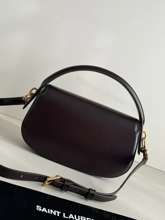 View 7 of Plum Leather Structured Shoulder Bag with Gold Hardware