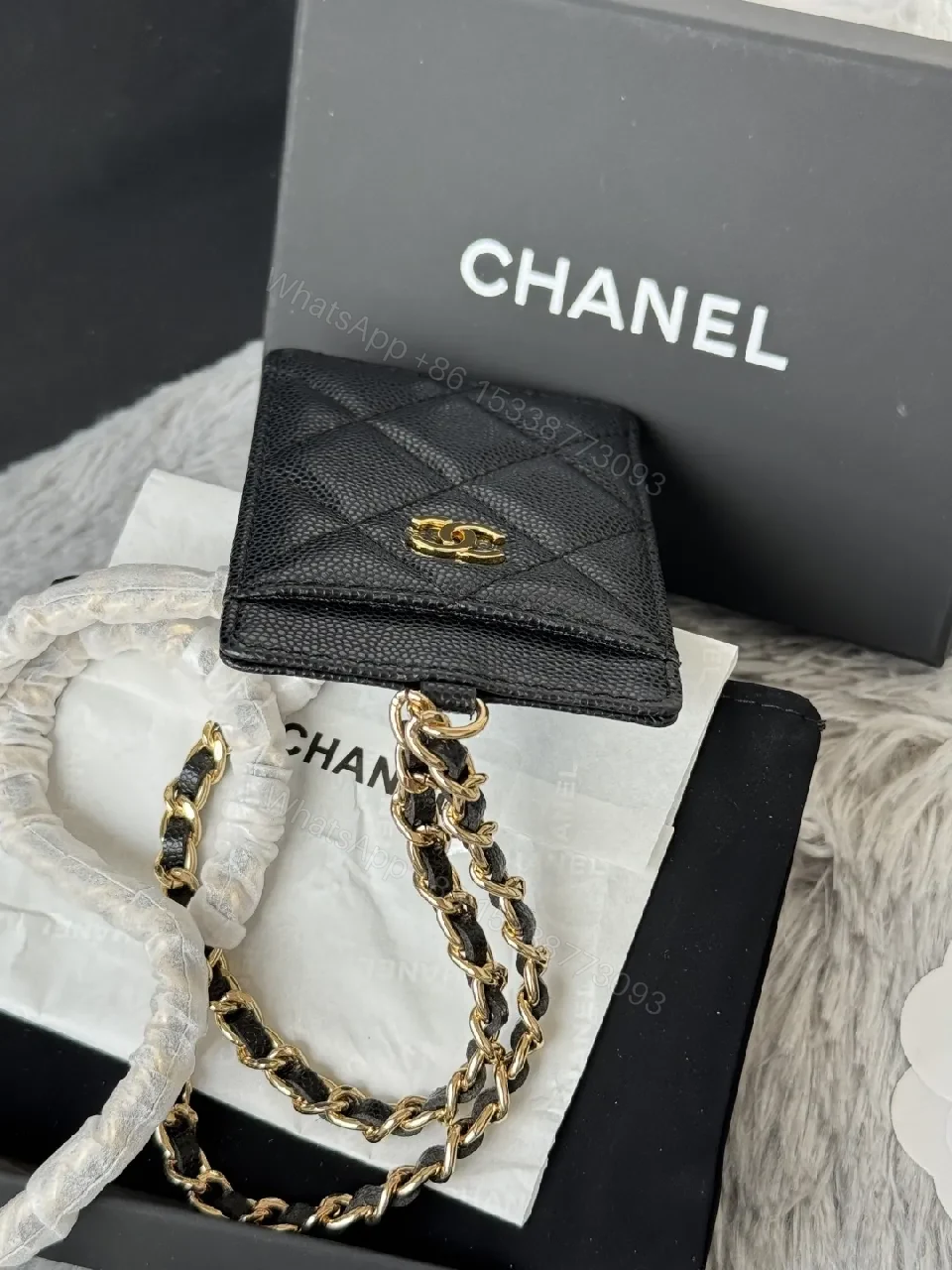 View 5 of Textured Quilted Cardholder with Chain Detail - Compact Luxury
