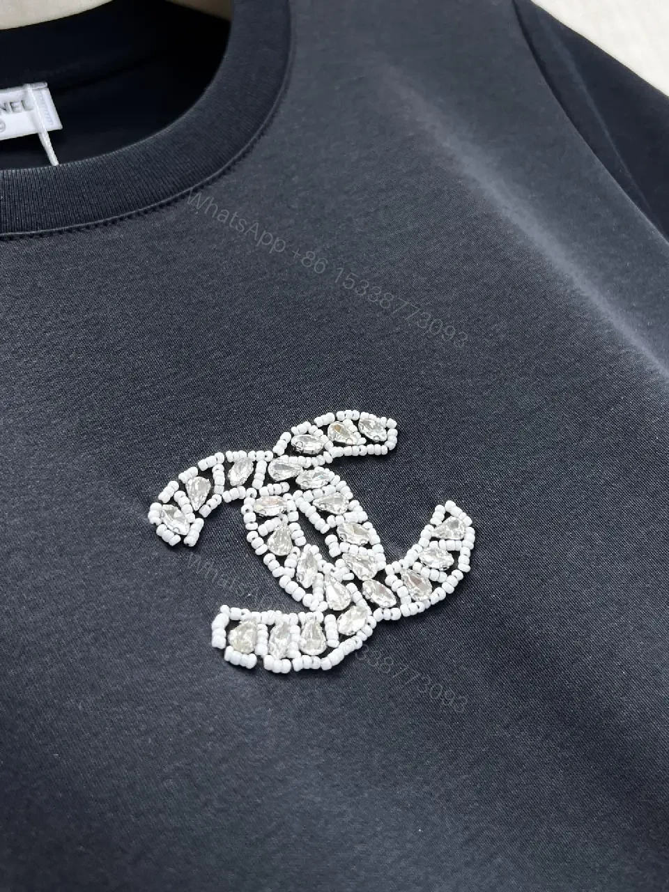 View 8 of Black Cotton T-Shirt with Embroidered Logo Chanel Style Tee