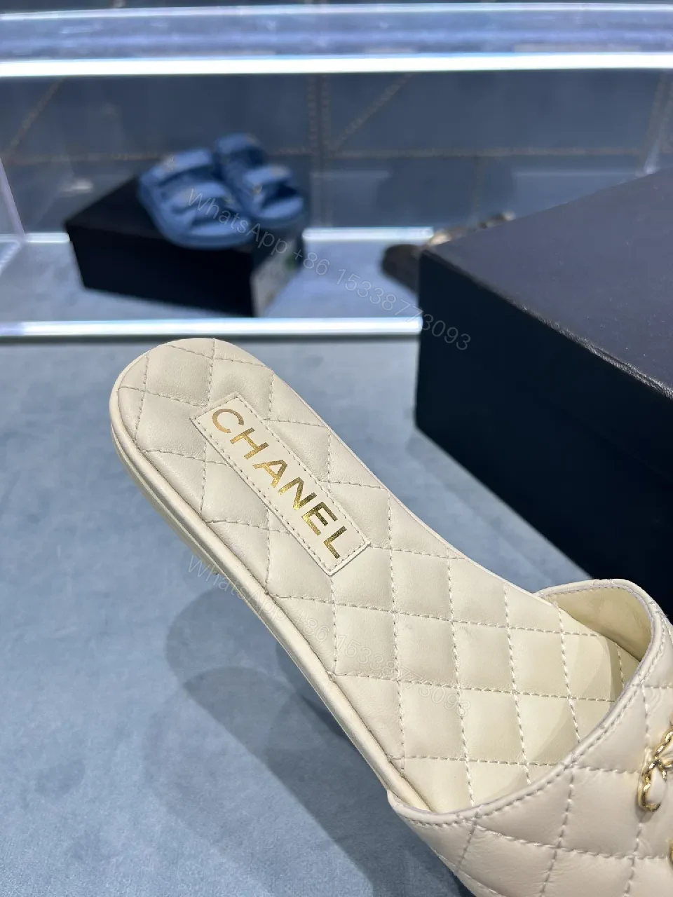 View 4 of Beige Quilted Slide: Luxe Comfort, Subtle Logo