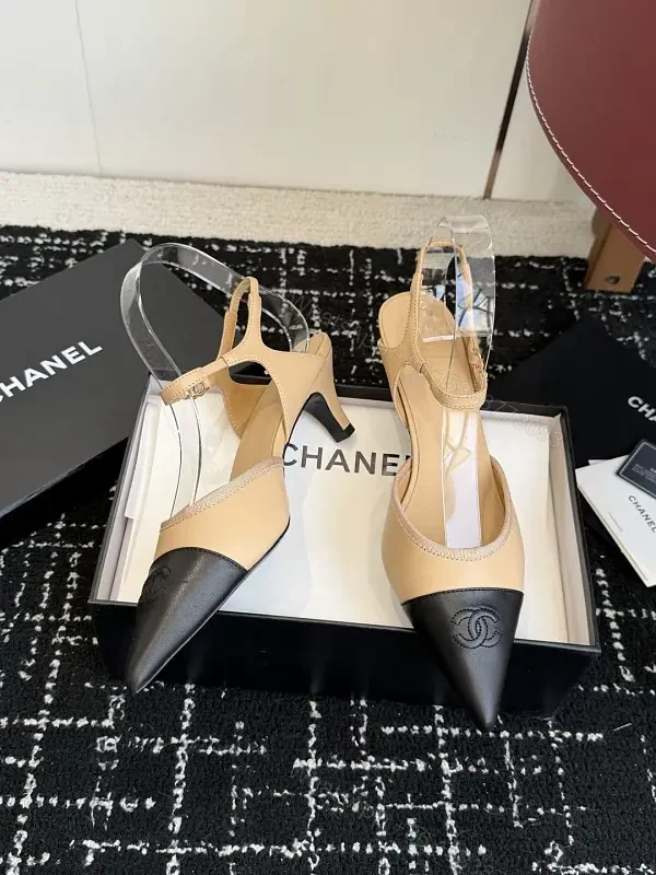 Beige & Black Two-Tone Leather Slingback Pump with Chanel Logo — view 1