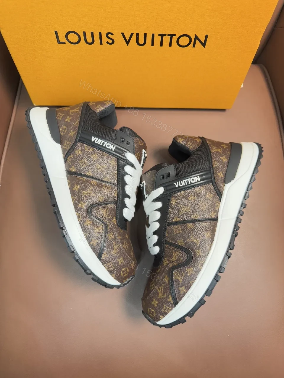 View 4 of Brown Monogram-Texture Sneakers with White Accents, Low-Top Style