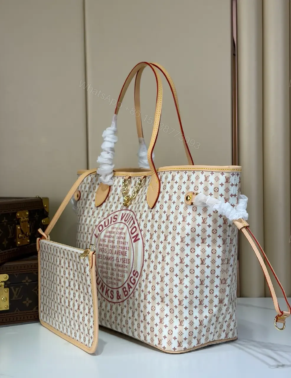 View 6 of White Tote Bag with Brown Trim and LV Monogram Details