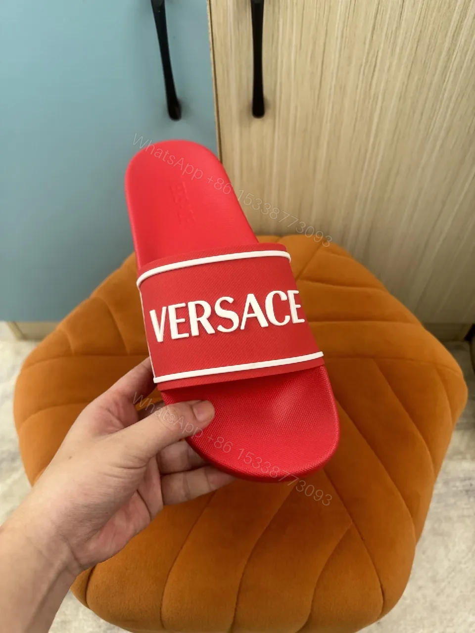 View 7 of Bold Red Luxury Slide with Signature Versaace Stride