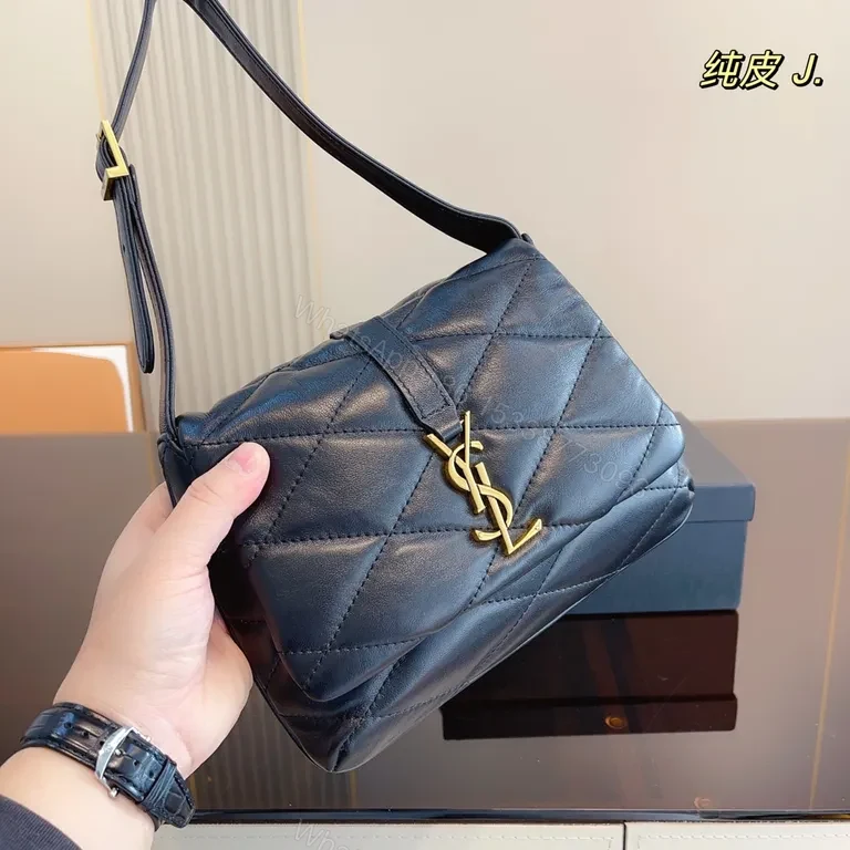 View 4 of Navy Quilted Leather Shoulder Bag with YSL Hardware