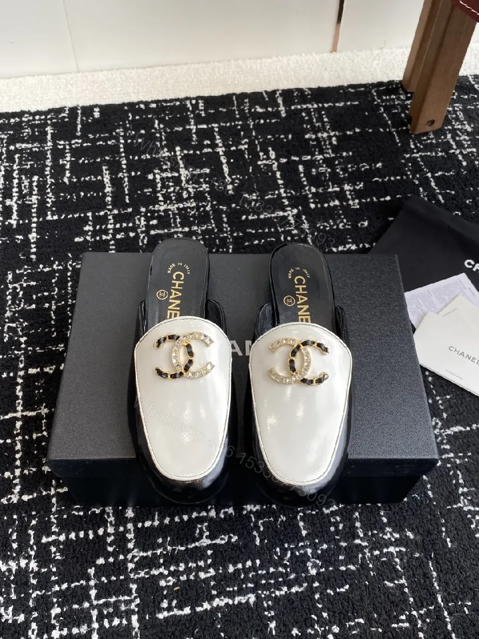 View 6 of Ivory-Black Leather Mules: Gold-C Logo Slip-Ons