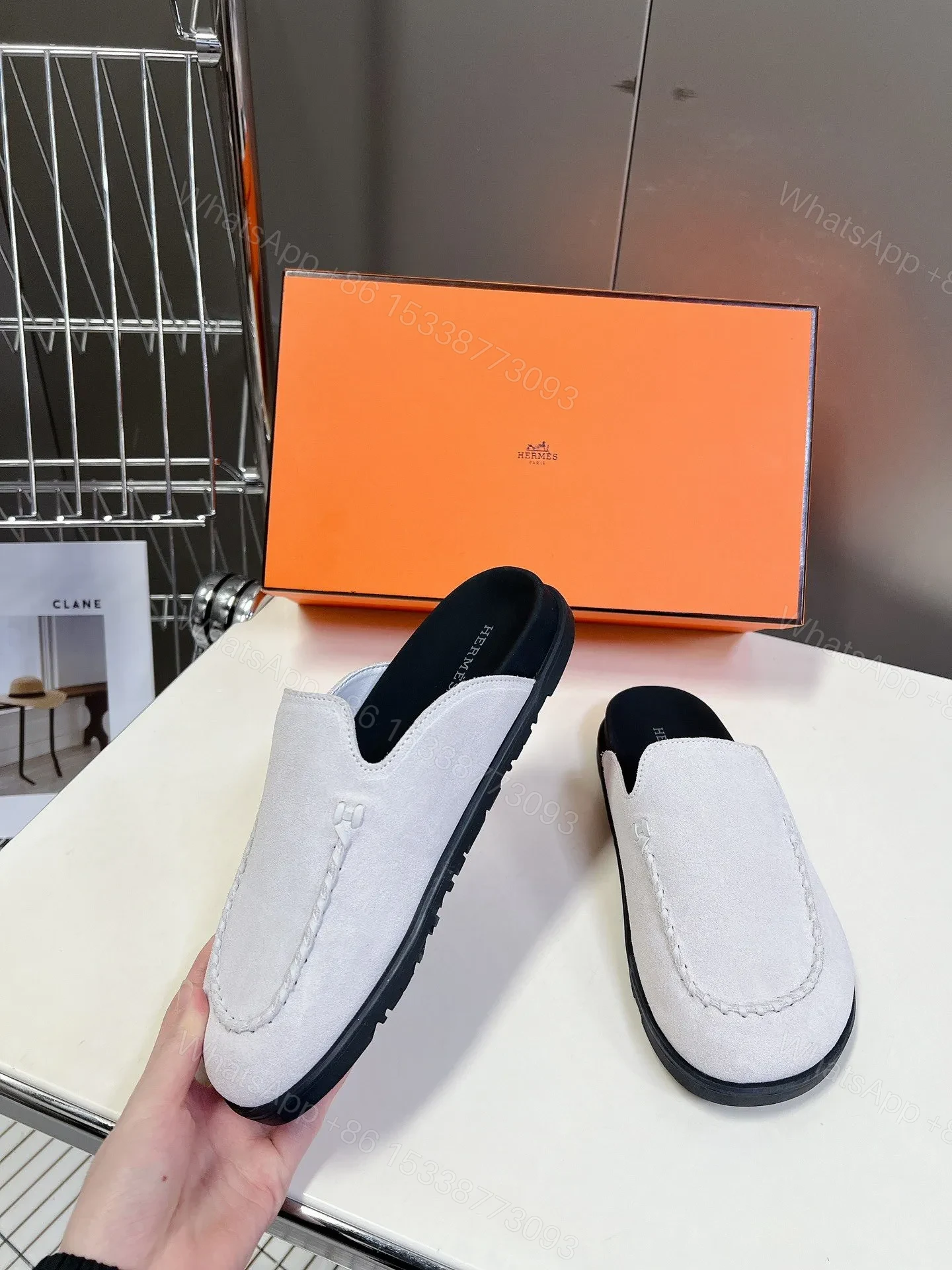 View 3 of Hermes Women White Suede Leather Slippers