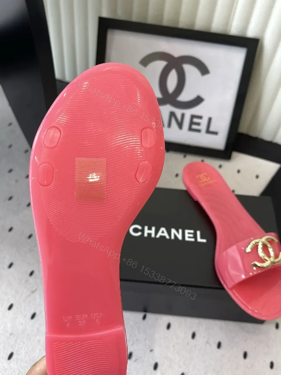 View 8 of Pink Plastic Slide Sandals Gold Logo Chanel Style Luxury Comfort Sandals