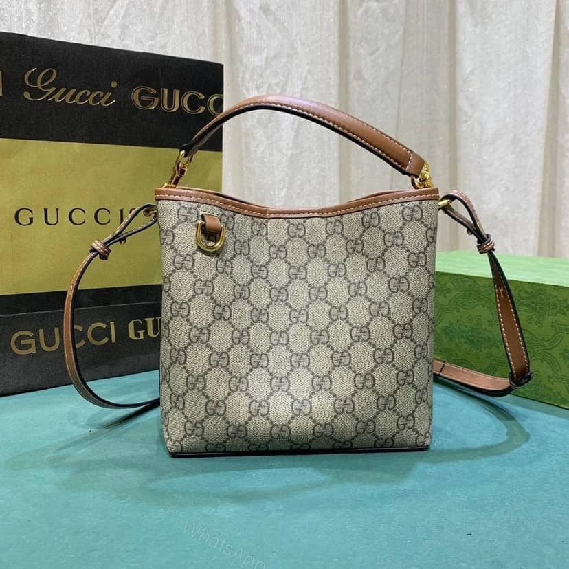 View 3 of Gucci GG Emblem Mini Bucket Bag Beige And Dark Brown ‎21Cm
