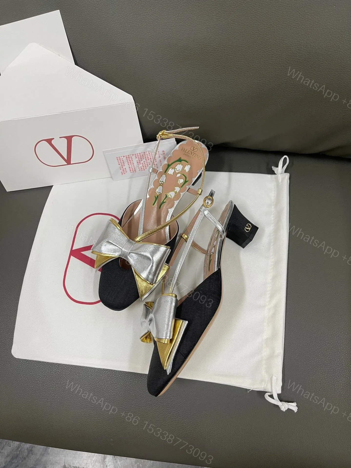 View 3 of Valentino Women Black Satin Silver Gold Leather Heels