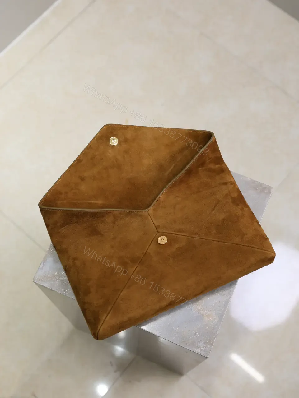 View 6 of Chocolate Suede Envelope Clutch with Gold Hardware