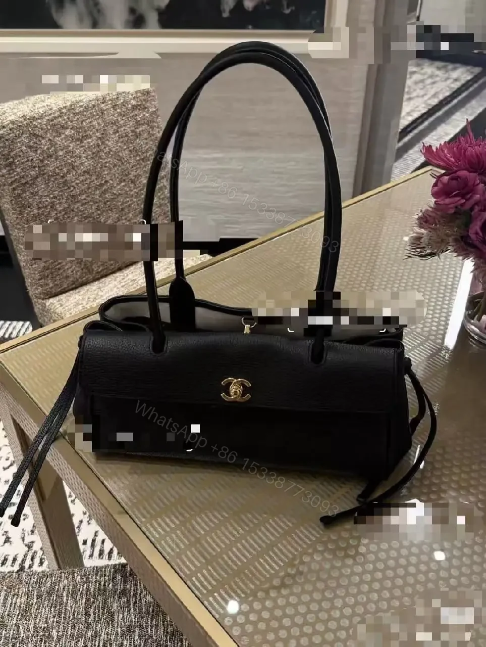 View 9 of Quilted Black Leather Handbag with Gold Hardware Luxury