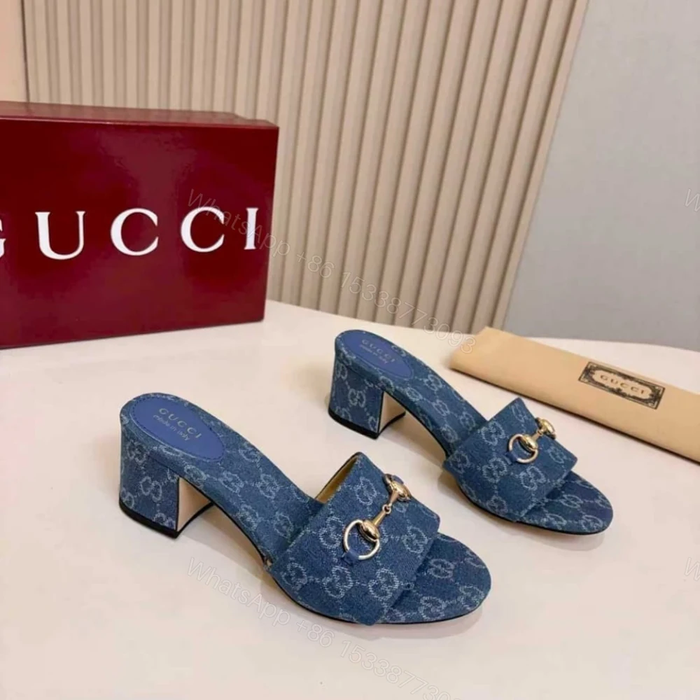 View 2 of Gucci Women Slide Sandal With Horsebit Blue GG Denim 854882 FAFGT 4746