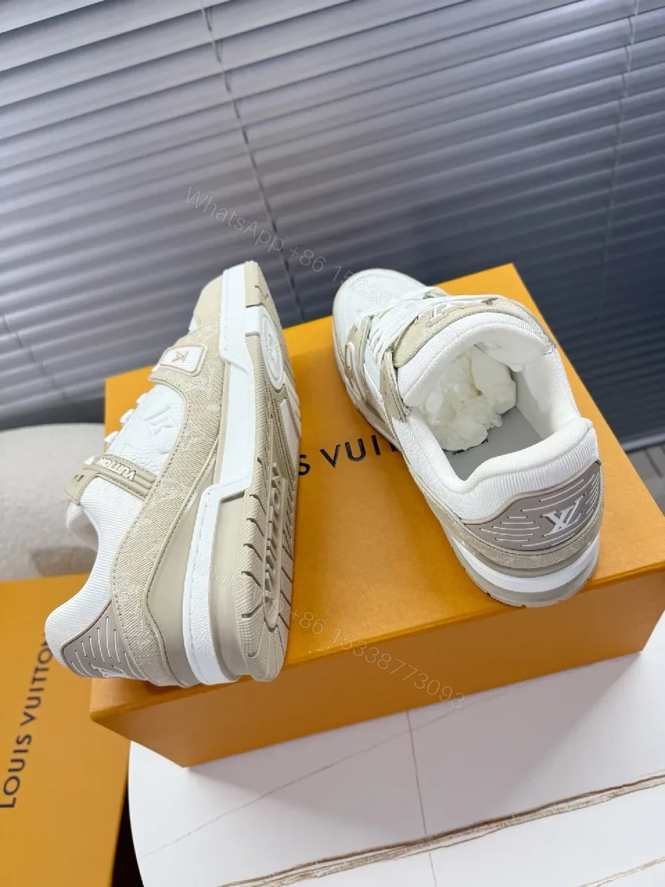 View 9 of White Quilted Leather High-Tops with Beige Suede Overlays