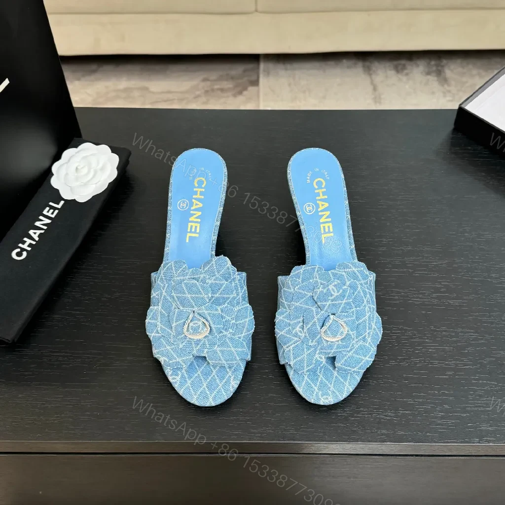 View 4 of Denim-Textured Mules with Floral Detail, Everyday Luxury Comfort