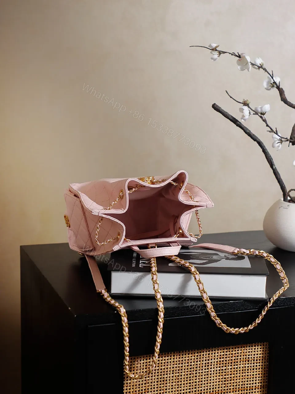 View 9 of Soft Pink Quilted Bucket Bag with Gold Charm, Faux-Leather Bag