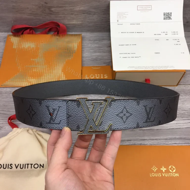 View 8 of Gray Leather Belt with Gold LV-Inspired Buckle