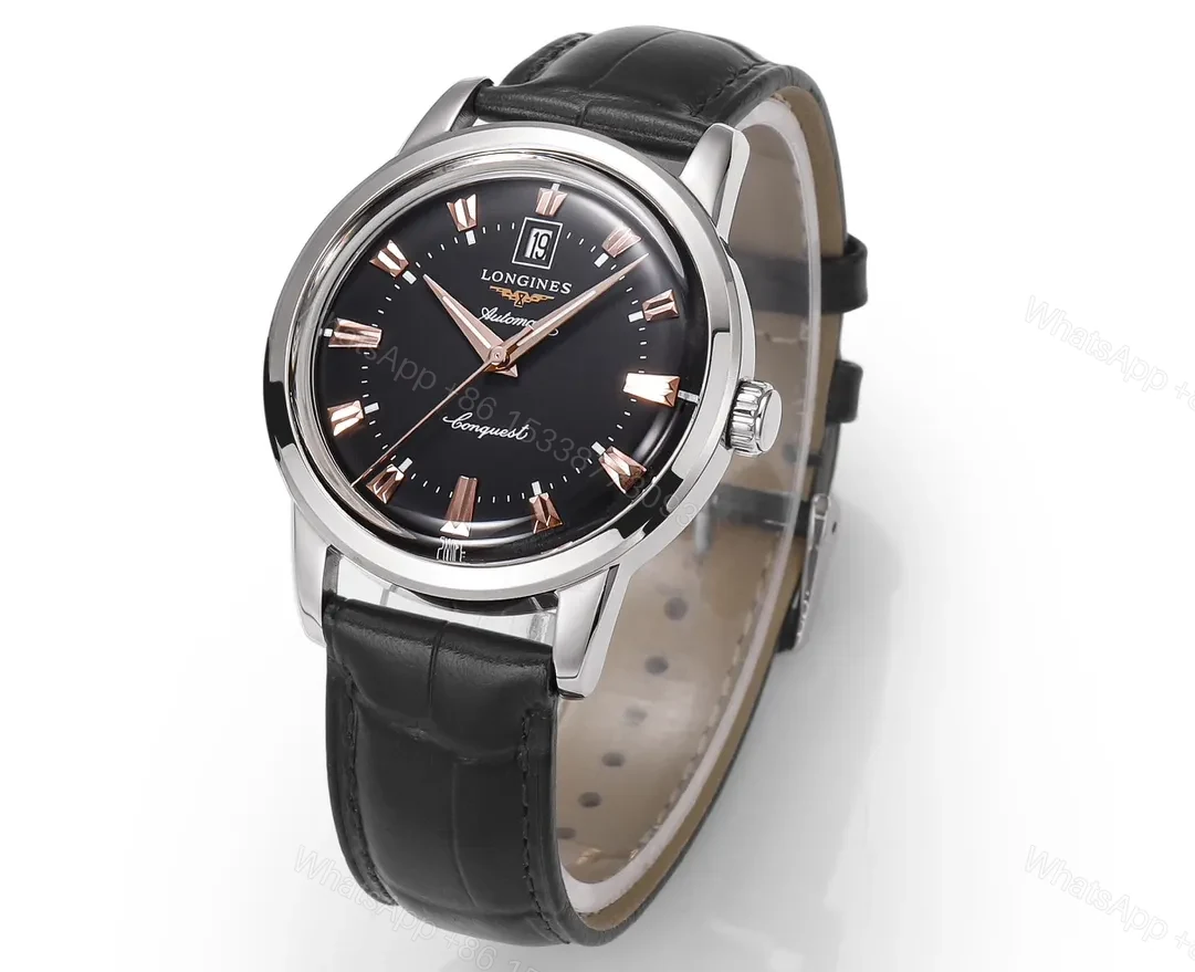 View 3 of Longines Conquest Classic Re Edition Cyclops Watch Black Dial with Gold Markers 40mm Stainless Steel Case Italian Leather Strap