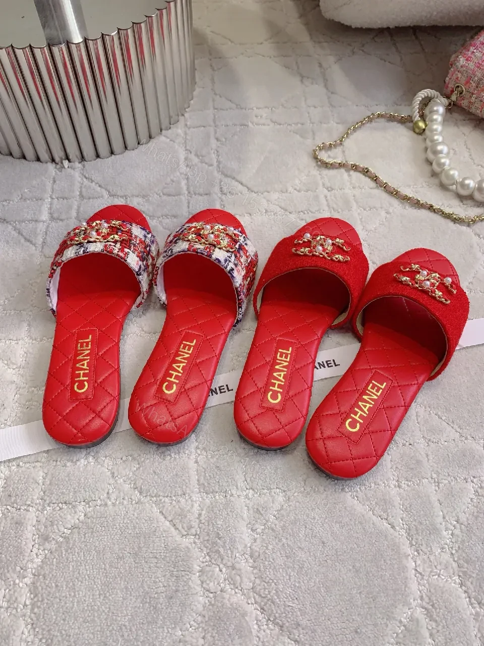 View 9 of Red Textured Slides with Logo Straps, Luxury Chic Slip-Ons