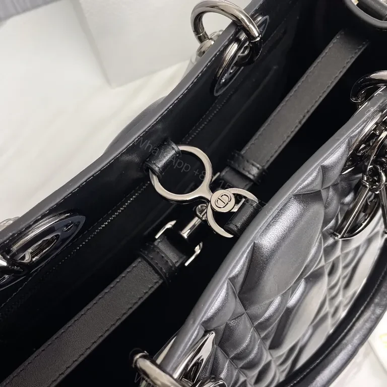 View 3 of Black Leather Faux Dior Handbag: Diamond Quilted, Silver Hardware, D&R Charm, Top Handles/Shoulder Strap