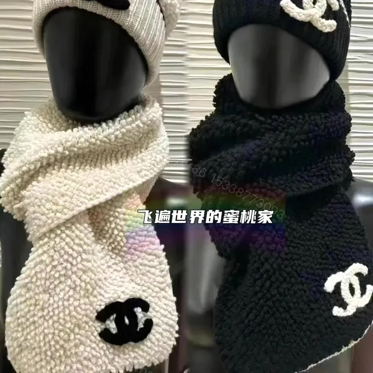 View 8 of Chic Logo Plush Scarf & Beanie Set â€“ Cream/Black, Cozy Luxury