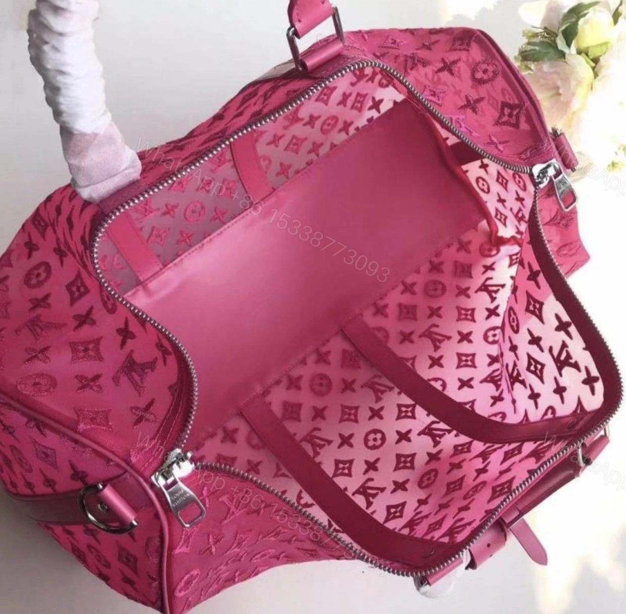 View 7 of Replica 1:1 Clone Louis Vuitton Keepall Bandouliere Monogram 50 Pink