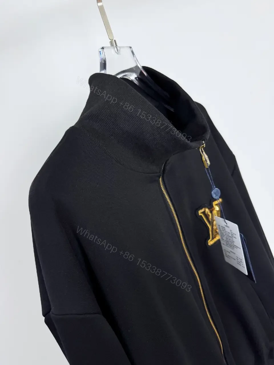 View 10 of Black Leather-Blend Zip Jacket with Luxury Emblem