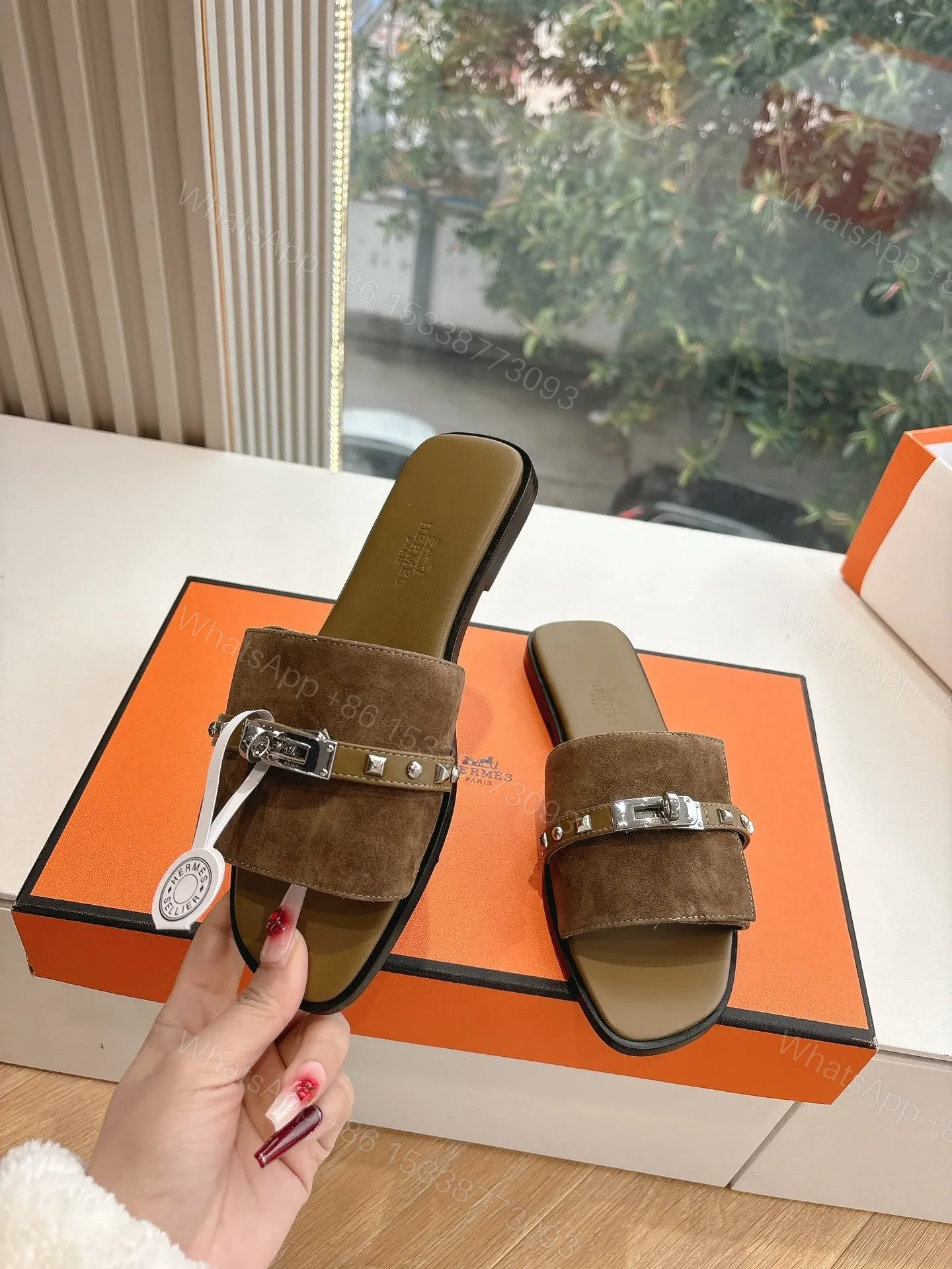 View 6 of Hermes Women Brown Suede Slide Sandals