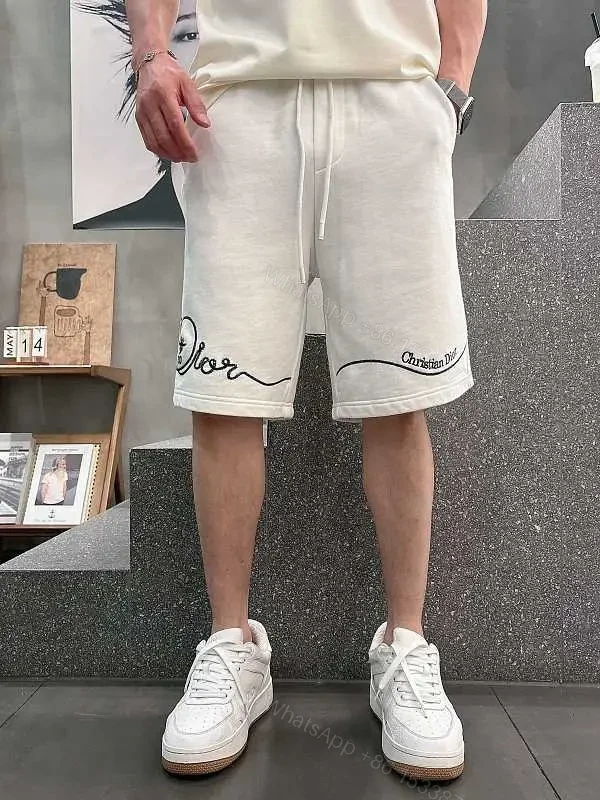 White Knit Shorts Cotton Blend Casual Embroidered Script Short pants — view 1