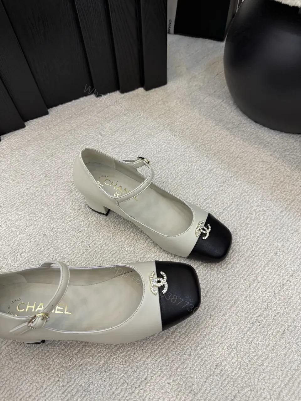 View 3 of Ivory/Black Two-Tone Pumps with Ankle Strap, Classic-Edge Style