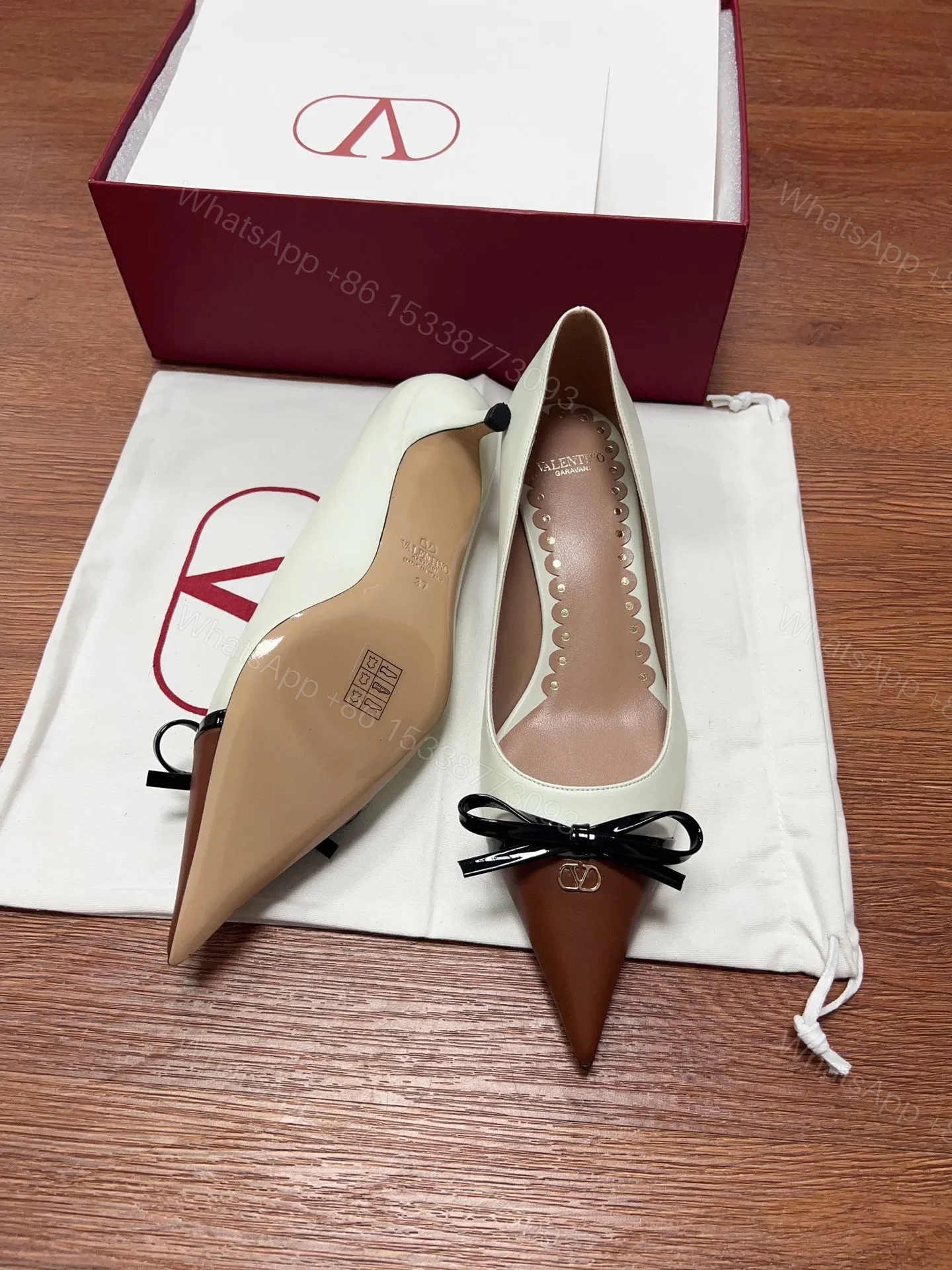View 2 of Valentino Women Ivory Leather Brown Patent Heels