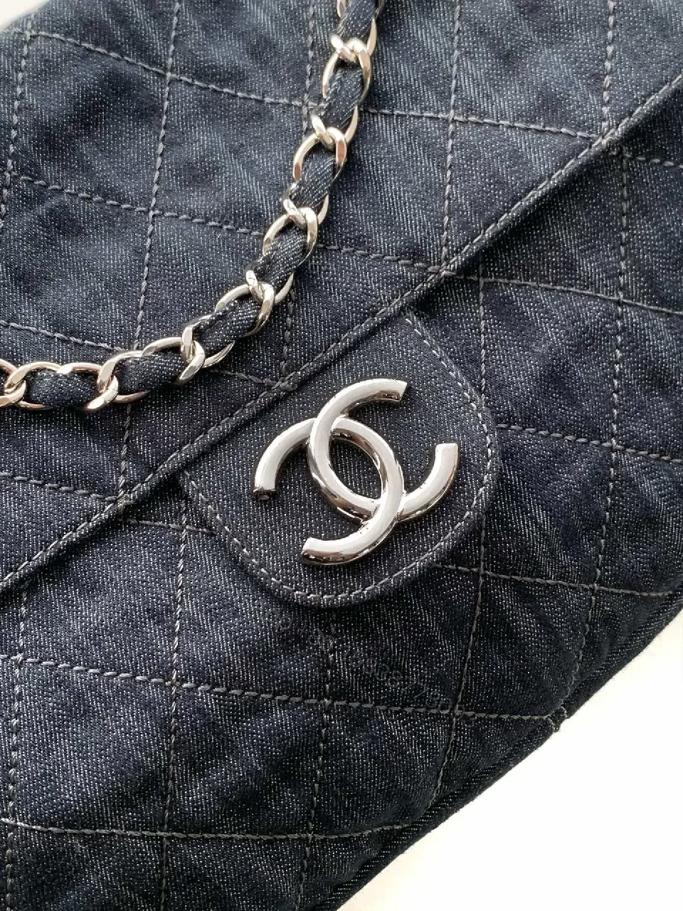 View 7 of Denim Quilted Flap Bag with Signature Chain Closure