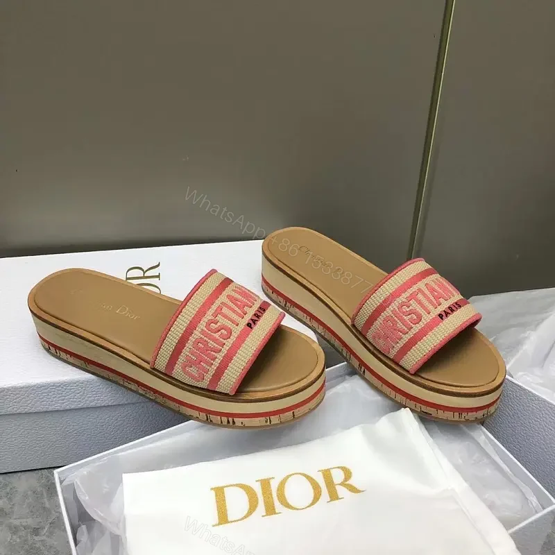 Red-Tone Canvas Slide Sandals with Striped Band, Dior-inspired — view 1