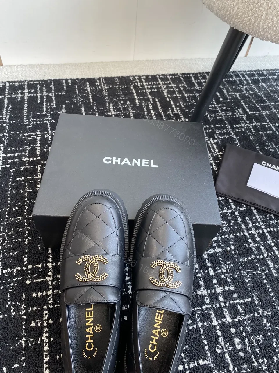 View 9 of Quilted Leather Loafer Black with Gold Emblem Luxury Comfort