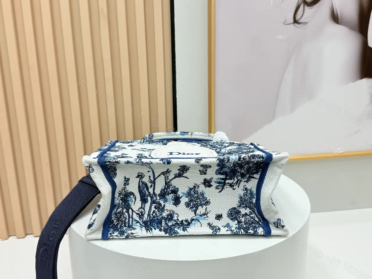 View 5 of Blue Canvas Handbag — Toile Crest Structured Crossbody Style
