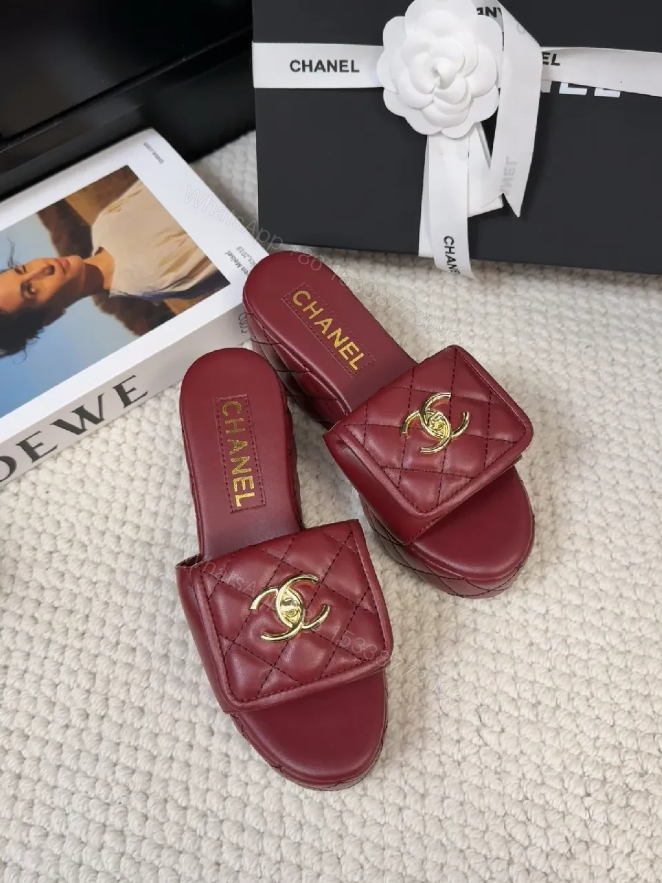 View 3 of Burgundy Quilted Slides with Gold Hardware, Luxury Comfort