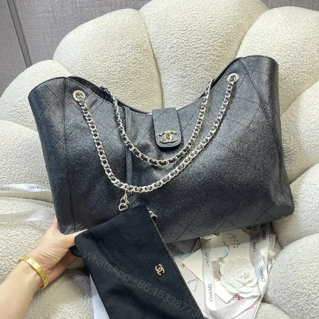 View 6 of Black Quilted Leather Shoulder Bag with Chain Straps and Chanel Logo