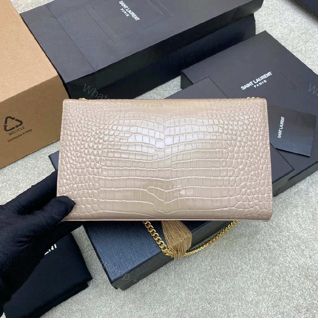 View 4 of Taupe Crocodile-Embossed Clutch with Gold Monogram and Tassel